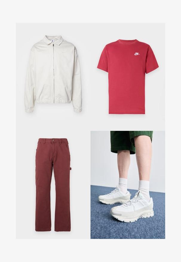 Balta, viegla Nike jaka ar apkakles kaklu, priekšējo rāvējslēdzēju, elastīgām piedurknēm un mazu logotipu kreisajā krūtī. Gluda tekstūra.; Sarkana Nike īsroku T-krekls ar baltu logotipu uz kreisās krūts, apaļu kakla izgriezumu un vienkāršu dizainu uz neitrālas fona.; Vīriešu taisnās kājas darba bikses tumši sarkanā krāsā ar priekšējiem kabatām, jostas cilpiņām, pogu, rāvējslēdzēju un sānu utilitātes cilpu.; Baltas sporta apavi ar teksturētām detaļām, masīvu zoli un pelēkiem akcentiem. Valkāti ar baltiem zeķu pēdu apģērbiem un zaļām šortiem uz zilas virsmas.