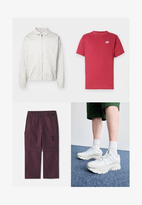 Jachetă Nike albă, ușoară, cu guler, fermoar frontal, manșete elastice și un logo mic pe pieptul stâng. Textură netedă.; Tricou roșu cu mâneci scurte Nike, cu logo alb pe pieptul stâng, decolteu rotund și design simplu pe un fundal neutru.; Pantaloni cargo convertibili burgundy cu buzunar cu fermoar lateral și logo Timberland pe piciorul drept, cu brâu de inseam extins.; Pantofi sport albi cu suprapuneri texturate, talpă masivă și accente gri. Purtați cu șosete albe până la glezne și pantaloni scurți verzi pe o suprafață albastră.
