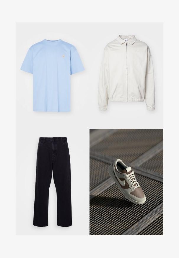 Bílá, lehká bunda Nike s límečkem, předním zipem, elastickými manžetami a malým logem na levé hrudi. Hladký povrch.; Světle modré bavlněné tričko s krátkými rukávy, kulatým výstřihem a malým vyšitým logem v oranžové barvě na hrudi. Jednoduchý, nezdobený design.; Černé denimové kalhoty s rovnými nohavicemi, které mají zapínání na knoflík a zip, poutka na pásek a minimální detaily šití.; Nike teniska s béžovým a hnědým koženým svrškem, bílými tkaničkami, perforovanou špičkou a gumovou podrážkou s texturovaným gripem.