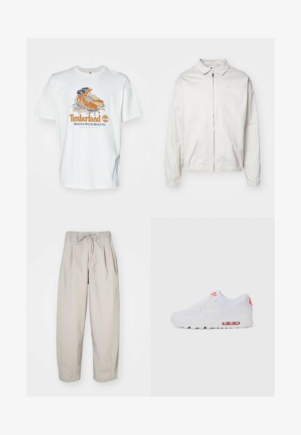 Balta, lengva Nike striukė su apykakle, priekiniais užtrauktuku, elastingomis rankogaliais ir maža logotipu kairiajame krūtinės kampe. Lygus paviršius.; Balta medvilninė marškinėlių su grafika, kurioje pavaizduoti oranžiniai batai, apsupti spalvingų šaknų ir augalijos, o apačioje užrašyta "Timberland batai su šaknimis".; Šviesiai rudi, lengvi kelnių su elastine juosta ir raišteliu. Turintys klostes ir laisvą siluetą, pagaminti iš minkštos, glotnios medžiagos.; Baltos sportinės sneaker'iai, turintys lygų paviršių, raištelių uždarymą, paminkštintą padą ir matomą oro vienetą su raudonomis akcentais ant prekės ženklo.