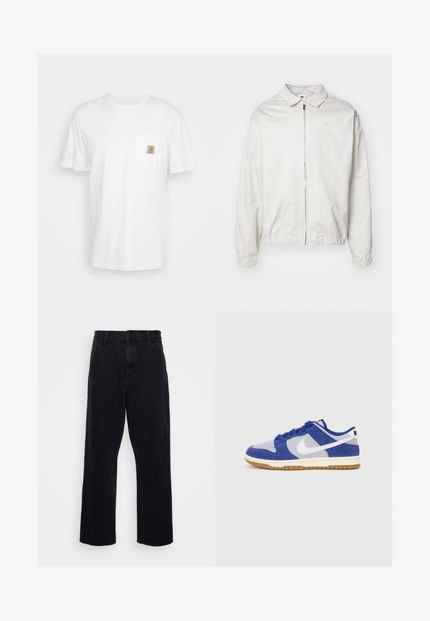 White, lightweight Nike jacket with a collared neckline, front zipper, elastic cuffs, and a small logo on the left chest. Smooth texture.; White cotton t-shirt with short sleeves, a chest pocket, and a small square logo patch in orange and white on the pocket.; Black denim trousers with a straight leg design, featuring a button and zip closure, belt loops, and minimal stitching details.; Blue suede and gray mesh sneaker with white Nike swoosh, round laces, padded collar, and rubber gum sole. Flat stitching detail on upper.