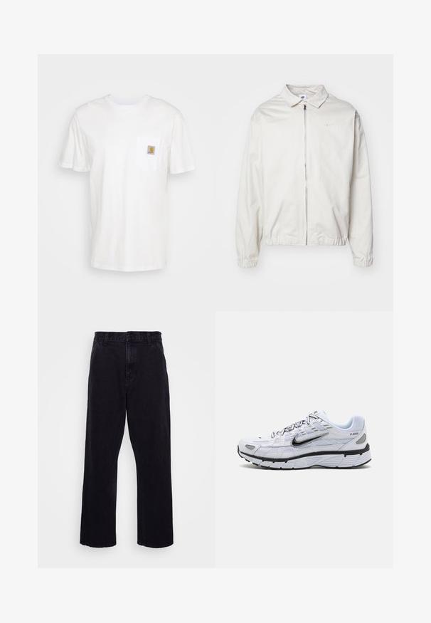 Biela, ľahká bunda Nike s golierom, predným zipsom, elastickými manžetami a malým logom na ľavej strane hrudníka. Hladká textúra.; Biele bavlnené tričko s krátkymi rukávmi, vreckom na hrudi a malou štvorcovou nášivkou v oranžovej a bielej farbe na vrecku.; Čierne džínsy s rovného strihu, ktoré majú zapínanie na gombík a zips, pútka na opasok a minimálne švy.; Biele bežecké topánky s textilným zvrškom, zaoblenou špičkou, čiernymi akcentmi a vzorovanou podrážkou. Obsahujú šnurovanie a značku na boku.