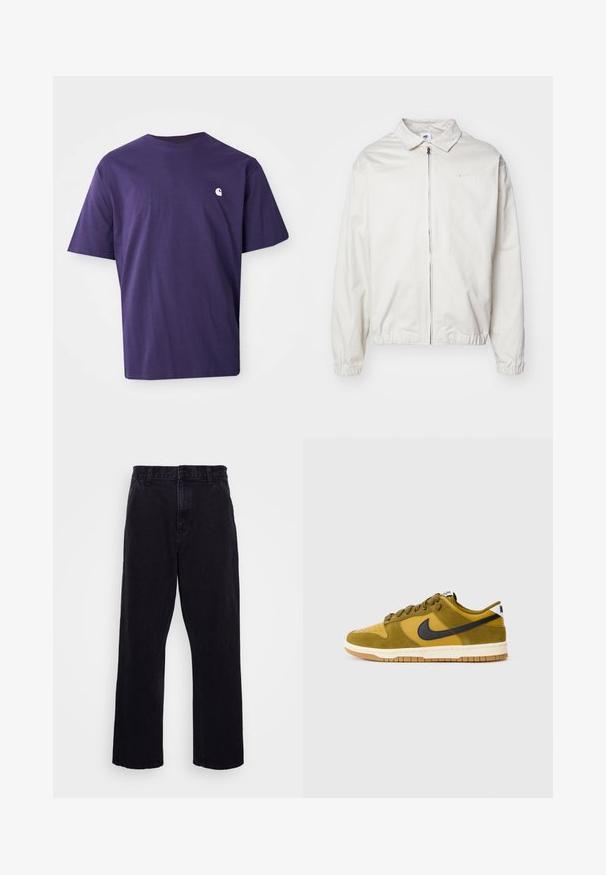 White, lightweight Nike jacket with a collared neckline, front zipper, elastic cuffs, and a small logo on the left chest. Smooth texture.; Purple cotton t-shirt with a crew neck, short sleeves, and a small white logo on the left chest. Smooth texture, relaxed fit.; Black denim trousers with a straight leg design, featuring a button and zip closure, belt loops, and minimal stitching details.; Nike Dunk Low sneakers in olive green and yellow, featuring a suede and leather upper, dark blue swoosh, and gum rubber sole.