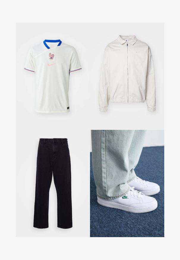 Biała, lekka kurtka Nike z kołnierzykiem, zamek błyskawiczny z przodu, elastycznymi mankietami oraz małym logo na lewej piersi. Gładka faktura.; Biała koszulka Nike z niebieskim kołnierzem i akcentami. Zawiera emblematu koguta oraz różowy logo. Krótkie rękawy, sportowa tekstura i dopasowany krój.; Czarne dżinsowe spodnie o prostym kroju, z zapięciem na guzik i zamek błyskawiczny, szlufkami na pasek oraz minimalnymi detalami w szwach.; Białe skórzane sneakersy z zielonym logo Nike, okrągły czubek, płaska podeszwa, zestawione z jasnoniebieskimi dżinsami, pokazane na niebieskim dywanie.