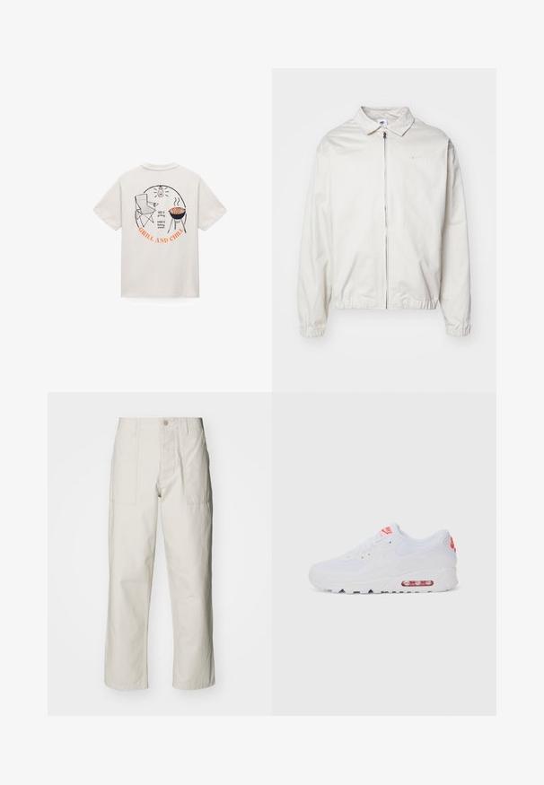 Valge, kerge Nike jakk, milles on krae, ees lukk, elastsed mansetid ja väike logo vasakul rinnal. Sile tekstuur.; Valge T-särk selja trükiga, millel on volditav tool, grill vorstidega, latern ja tekst "425°F grillimine, 600°F pitsade küpsetamine, GRILL JA LÕDVALE."; Heledbeez värvi laiad püksid, mis on valmistatud puuvillast. Omavad esi-taskuid ja nupuga sulgemist. Sile tekstuur, millel on õrnad vertikaalsed jooned.; Valged spordijalatsid, millel on sile pealis, seotud lipsud, pehmendusega tallad ja nähtav õhükamber, mille brändimisel on punased aktsendid.