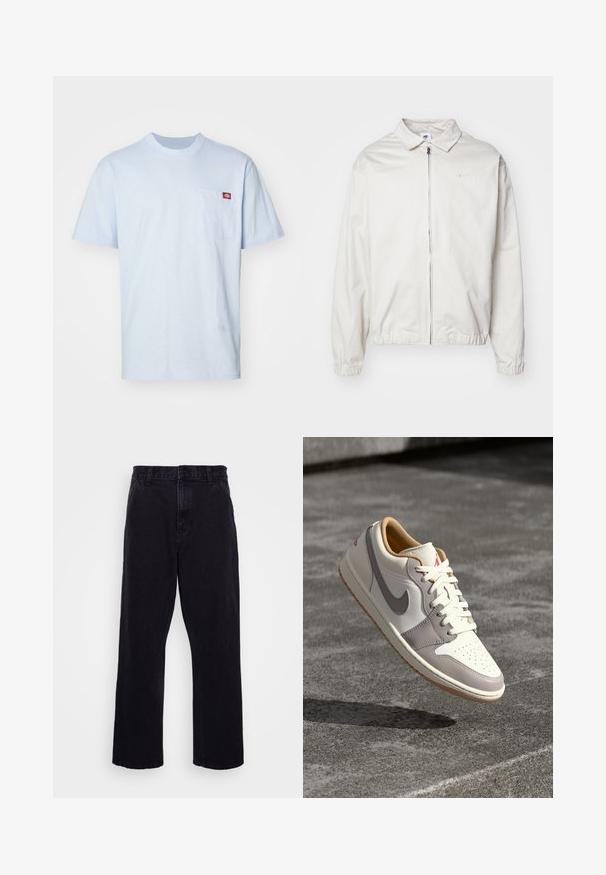 Bílá, lehká bunda Nike s límečkem, předním zipem, elastickými manžetami a malým logem na levé hrudi. Hladký povrch.; Světle modré bavlněné tričko s krátkými rukávy, kulatým výstřihem a kapsou na levé části hrudi. U kapsy je umístěná malá logová nášivka.; Černé denimové kalhoty s rovnými nohavicemi, které mají zapínání na knoflík a zip, poutka na pásek a minimální detaily šití.; Nízké tenisky z off-white kůže se šedými detaily. Mají perforovanou špičku, bílé tkaničky a gumovou podrážku. Červené logo na patě.