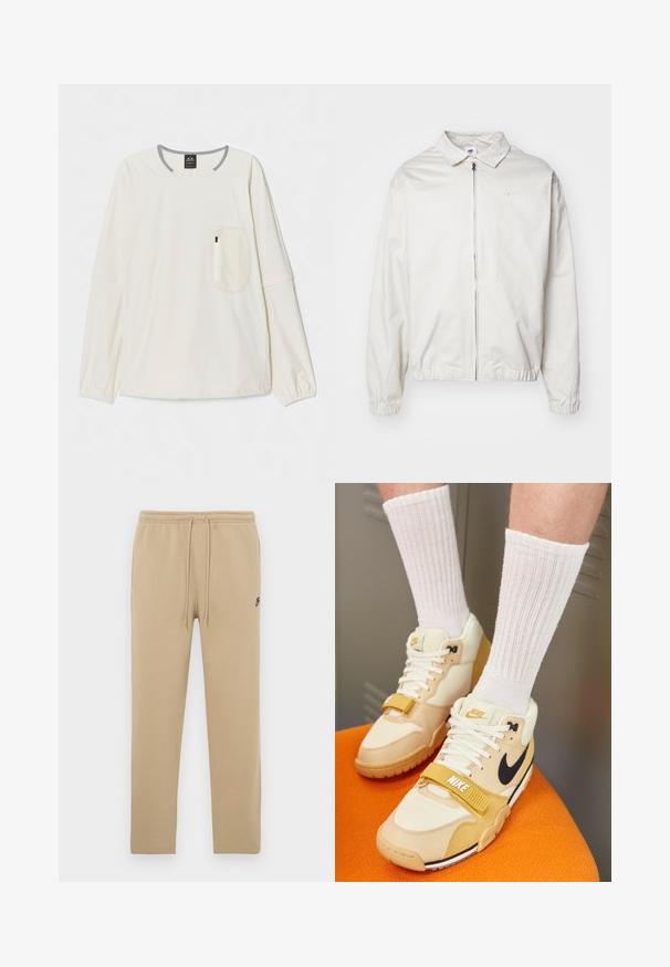 Giacca Nike bianca, leggera, con colletto, zip frontale, polsini elasticizzati e un piccolo logo sul lato sinistro del petto. Texture liscia.; Camicia a maniche lunghe in tessuto bianco sporco con colletto e dettagli grigi. Presenta una tasca sul petto frontale con chiusura a zip. Texture morbida.; Pantaloni della tuta color sabbia realizzati in tessuto morbido con vita regolabile tramite coulisse e tasche laterali. Presentano un piccolo logo nero sulla gamba sinistra.; Scarpe sportive Nike in pelle beige e crema, con un logo swoosh nero, lacci bianchi, una fascia in Velcro e una suola in gomma testurizzata.