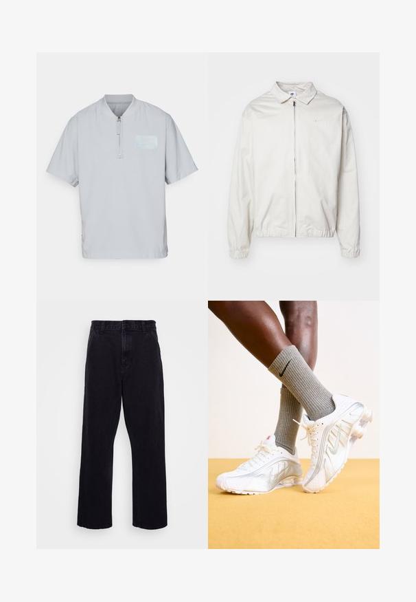 Hvit, lett Nike-jakke med kragehals, glidelås foran, elastiske mansjetter og en liten logo på venstre bryst. Glatt tekstur.; Lys grå halv-zip polo skjorte med korte ermer, med en teksturert stoff og et diskret logo-merke på brystet.; Sorte denimbukser med rett ben-design, med knapp- og glidelås-lukking, beltehemper og minimale sømdetaljer.; Nike-sneakers i hvitt med sølvdetaljer, med teksturerte paneler og perforeringer. Kombinert med grå ribbestrikkede sokker, satt mot en gul bakgrunn.