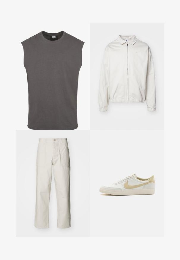 Balta, viegla Nike jaka ar apkakles kaklu, priekšējo rāvējslēdzēju, elastīgām piedurknēm un mazu logotipu kreisajā krūtī. Gluda tekstūra.; Īss piedurkņu pelēks kokvilnas T-krekls ar apaļu kakla izgriezumu un brīvu piegriezumu. Vienkāršs dizains, maiga tekstūra, bez rakstiem vai redzamām detaļām.; Gaiši bežs platā kāju bikses, izgatavotas no kokvilnas. Iekļautas priekšējās kabatas un pogu aizdare. Gluda tekstūra ar smalkām vertikālām līnijām.; Balta ādas sporta apavi ar off-white zoli, gaiši beidzētiem akcentiem un strukturētu virsmu. Iezīmējas ar centrālo šņorēšanu un izteiktu sānu logotipu.