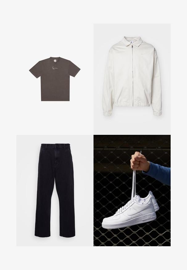 White, lightweight Nike jacket with a collared neckline, front zipper, elastic cuffs, and a small logo on the left chest. Smooth texture.; Dark gray cotton t-shirt with a crew neckline, short sleeves, and a white signature graphic on the left side of the chest.; Black denim trousers with a straight leg design, featuring a button and zip closure, belt loops, and minimal stitching details.; White leather sneakers with perforations, round toe, flat sole, and thick laces, featuring a visible swoosh logo and "AIR" on the heel.
