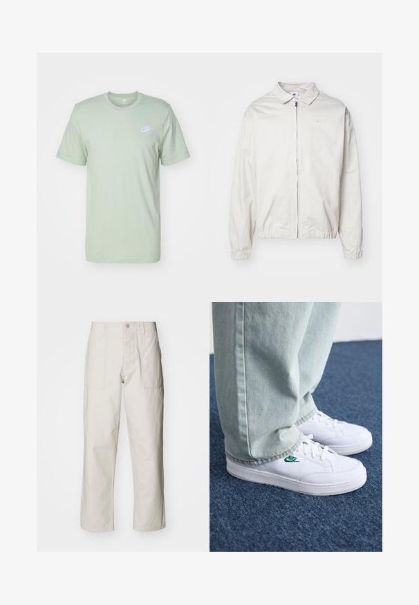 Casaco Nike branco e leve, com gola, fecho frontal, punhos elásticos e um pequeno logótipo no lado esquerdo do peito. Textura suave.; T-shirt de algodão verde claro, de mangas curtas, com decote redondo, apresentando um pequeno logótipo branco da Nike no lado esquerdo do peito. Textura suave, ajuste casual.; Calças largas em bege claro, feitas de algodão. Apresentam bolsos frontais e fecho com botão. Textura suave com linhas verticais subtis.; Tênis de couro brancos com logo verde da Nike, bico redondo, sola plana, combinados com calças de denim azul claro, exibidos sobre um tapete azul.