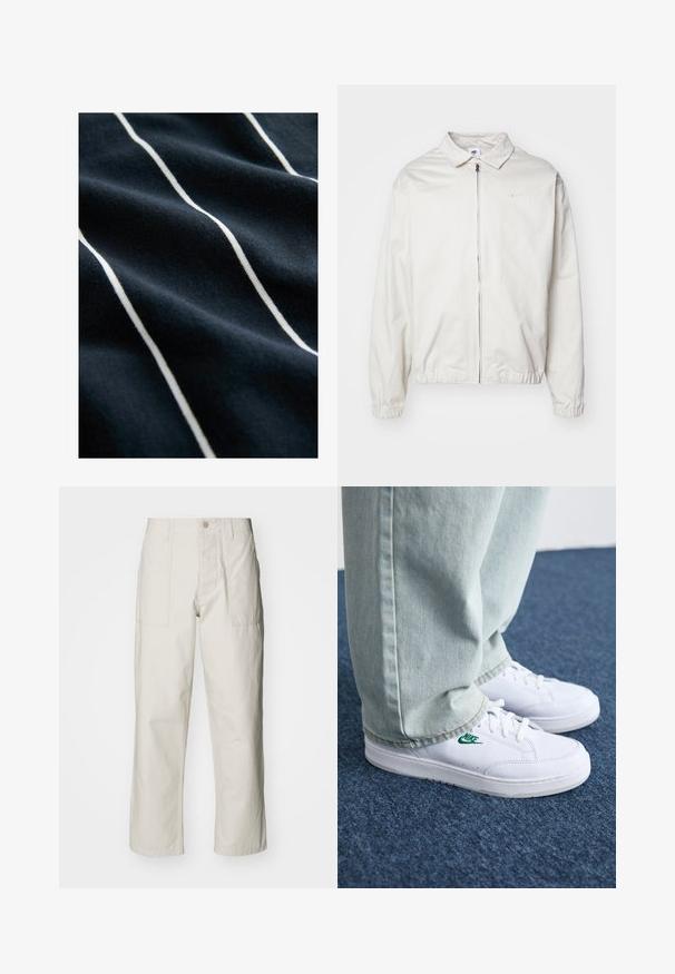 Weiße, leichte Nike-Jacke mit kragenförmigem Ausschnitt, Reißverschluss vorne, elastischen Bündchen und einem kleinen Logo auf der linken Brust. Glatte Textur.; Marineblauem Stoff mit weißen vertikalen Streifen, der eine glatte Textur und einen leichten Glanz aufweist, wodurch das Streifenmuster hervorgehoben wird.; Helle beige weit geschnittene Hose aus Baumwolle. Verfügt über Fronttaschen und einen Knopfverschluss. Glatte Textur mit dezenten vertikalen Streifen.; Weiße Leder-Sneaker mit grünem Nike-Logo, runde Zehenpartie, flache Sohle, kombiniert mit hellblauen Jeans, präsentiert auf einem blauen Teppich.