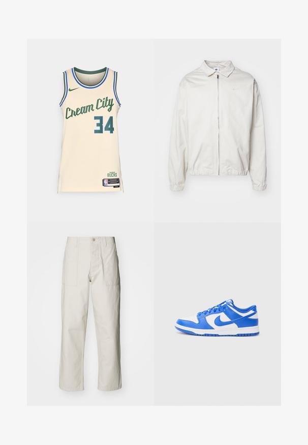 Fehér, könnyű Nike dzseki, galléros nyakkal, elöl cipzárral, elasztikus mandzsettákkal és kis logóval a bal melle részén. Simaszerű textúra.; Beige színű Cream City kosárlabdamez zöld kiegészítőkkel és kék díszítéssel. "Cream City" felirat és "34" szám található rajta. Nike logó látható.; Világos bézs, bő szárú nadrág, pamutból készült. Elöl zsebekkel és gombos záródással rendelkezik. Simított textúrájú, finom függőleges csíkokkal.; Nike Dunk cipők kék és fehér bőr felsőrésszel, perforált orral, fűzőrendszerrel és texturált gumitalppal.