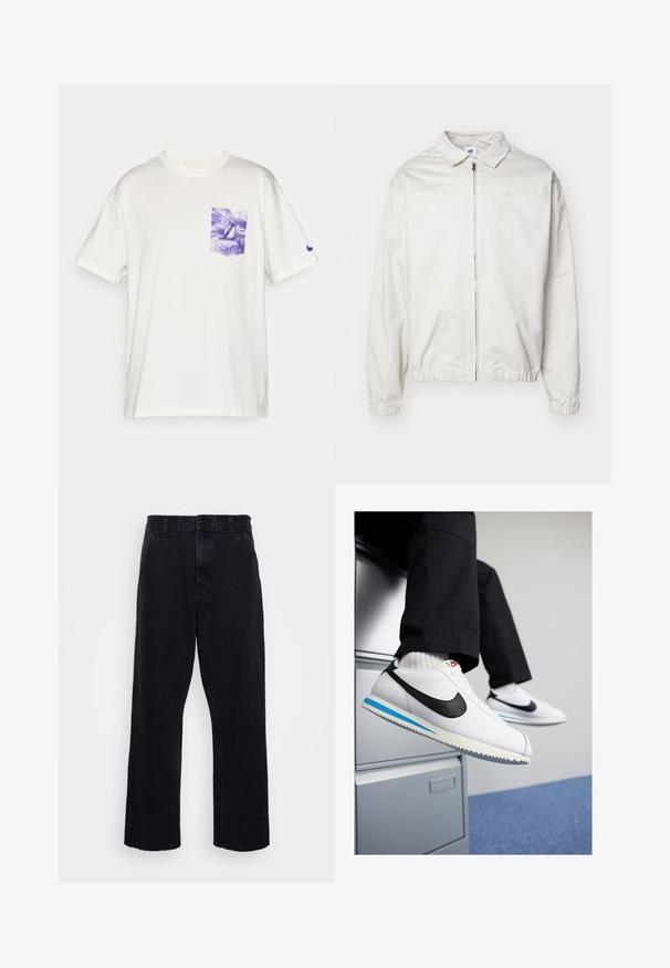 Weiße, leichte Nike-Jacke mit kragenförmigem Ausschnitt, Reißverschluss vorne, elastischen Bündchen und einem kleinen Logo auf der linken Brust. Glatte Textur.; Weißes Baumwoll-T-Shirt mit kurzen Ärmeln, das eine lila Batik-Brusttasche und ein kleines lila Logo am Ärmel aufweist.; Schwarze Jeanshose mit geradem Bein, ausgestattet mit einem Knopf- und Reißverschluss, Gürtelschlaufen und minimalen Nähdetails.; Weisse Ledersneaker mit schwarzem Nike-Swoosh, hellblauem und grauem Gummisohle sowie klassischem Schnürdesign. Füße ruhen auf einem Aktenschrank.