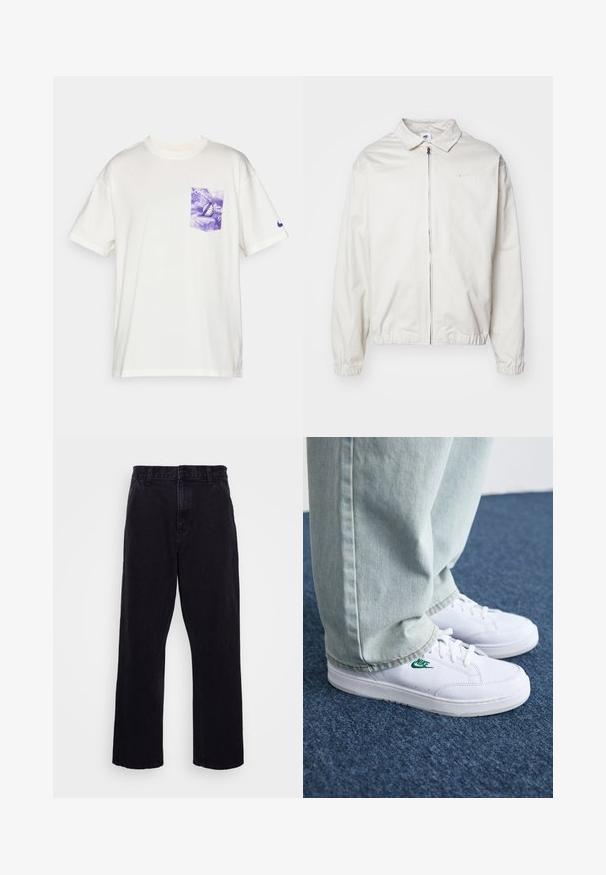 Fehér, könnyű Nike dzseki, galléros nyakkal, elöl cipzárral, elasztikus mandzsettákkal és kis logóval a bal melle részén. Simaszerű textúra.; Fehér, rövid ujjú pamut póló, lila batikolt mellzsebbel és egy kis lila logóval az ujjon.; Fekete farmernadrág egyenes szárú kialakítással, gombos és cipzáros záródással, övzőkór és minimális varrási részletekkel.; Fehér bőr sportcipők zöld Nike logóval, kerek orral, lapos talppal, világoskék farmernadrággal párosítva, kék szőnyegen bemutatva.