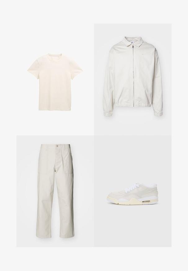 Biela, ľahká bunda Nike s golierom, predným zipsom, elastickými manžetami a malým logom na ľavej strane hrudníka. Hladká textúra.; Krémové bavlnené tričko s krátkymi rukávmi, okrúhlym výstrihom a jemne štruktúrovanou látkou. Bez viditeľných vzorov alebo grafiky.; Svetlosivé široké nohavice vyrobené z bavlny. Majú predné vrecká a zapínanie na gombík. Hladká textúra so subtílnymi vertikálnymi pruhmi.; Tenisky s svetlo béžovým syntetickým zvrškom, bielymi šnúrkami a viditeľným tlmením. Majú hladkú podrážku a jemné bočné akcenty.
