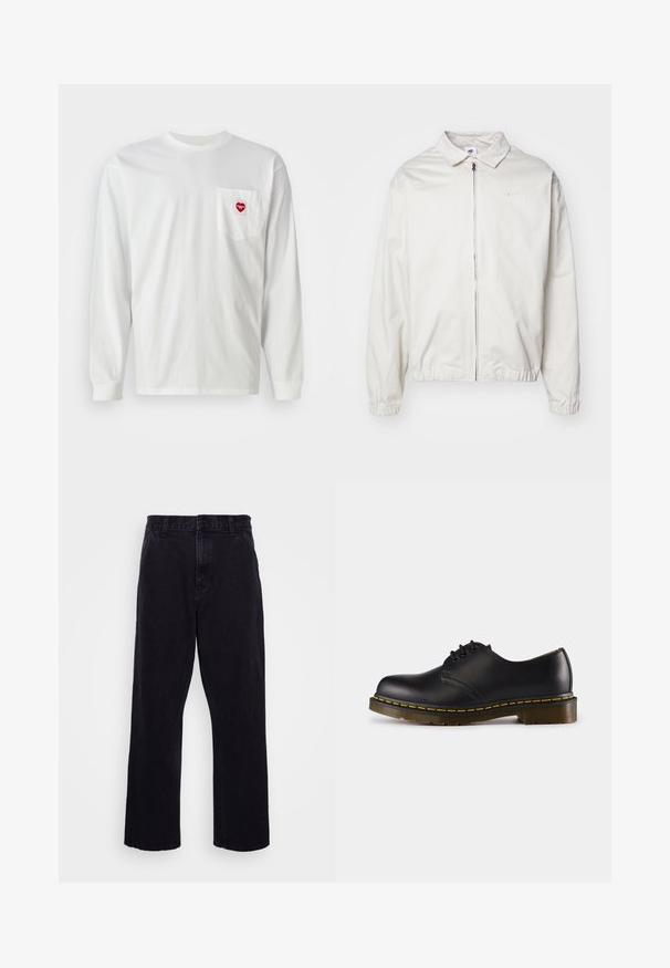 Biela, ľahká bunda Nike s golierom, predným zipsom, elastickými manžetami a malým logom na ľavej strane hrudníka. Hladká textúra.; Biela dlhá rukávová tričko vyrobené z bavlny, s vreckom na ľavej strane hrude a červenou nášivkou srdca. Klasický okrúhly výstrih a rebrované manžety.; Čierne džínsy s rovného strihu, ktoré majú zapínanie na gombík a zips, pútka na opasok a minimálne švy.; Čierna kožená topánka s okrúhlou špičkou, šnurovací dizajn, žlté prešívanie pozdĺž podrážky a masívna, textúrovaná gumová podrážka.