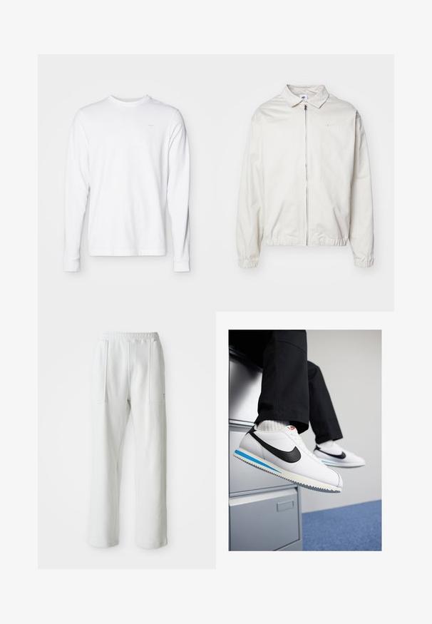 Weiße, leichte Nike-Jacke mit kragenförmigem Ausschnitt, Reißverschluss vorne, elastischen Bündchen und einem kleinen Logo auf der linken Brust. Glatte Textur.; Langärmliges weißes Baumwoll-T-Shirt mit Rundhalsausschnitt, gerippten Bündchen und kleinem grauen Logo auf der oberen linken Brust.; Weiße Freizeithose mit elastischem Bund und großen, vorderen Taschen, auf einem schlichten, hellen Hintergrund dargestellt.; Weisse Ledersneaker mit schwarzem Nike-Swoosh, hellblauem und grauem Gummisohle sowie klassischem Schnürdesign. Füße ruhen auf einem Aktenschrank.