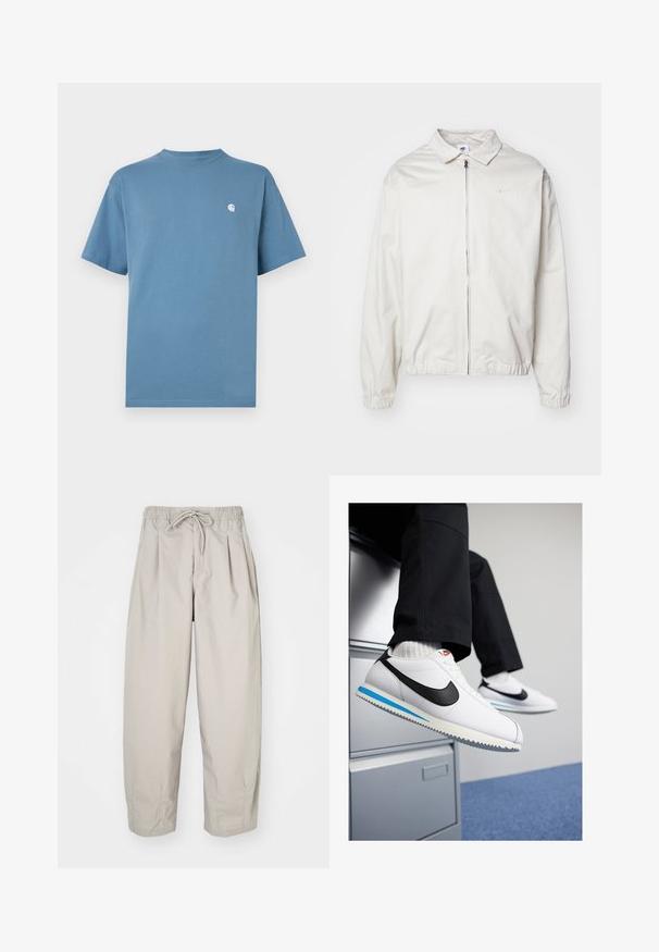 Balta, lengva Nike striukė su apykakle, priekiniais užtrauktuku, elastingomis rankogaliais ir maža logotipu kairiajame krūtinės kampe. Lygus paviršius.; Mėlynas medvilninis marškinėliai su apvalia iškirpte, trumpomis rankovėmis ir mažuoju baltu logotipu kairėje krūtinės pusėje. Lygus paviršius ir laisvas kirpimas.; Šviesiai rudi, lengvi kelnių su elastine juosta ir raišteliu. Turintys klostes ir laisvą siluetą, pagaminti iš minkštos, glotnios medžiagos.; Baltos odinės sportbačiai su juodu Nike logotipu, šviesiai mėlyna ir pilka guma padais bei klasikiniu raištelių dizainu. Kojos remiasi į dokumentų spintą.