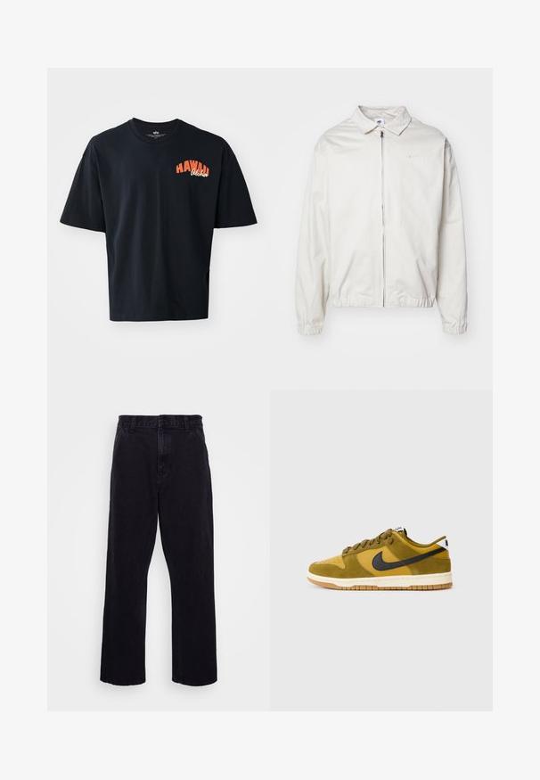 Balta, viegla Nike jaka ar apkakles kaklu, priekšējo rāvējslēdzēju, elastīgām piedurknēm un mazu logotipu kreisajā krūtī. Gluda tekstūra.; Melna kokvilnas T-krekls ar īsām piedurknēm un apaļu izgriezumu. Uz krūšu daļas ir oranžs teksts "HAWAII Aloha". Vienkāršs, brīvs piegriezums.; Melnu džinsu bikses ar taisnu kāju dizainu, ar pogu un rāvējslēdzēju, jostu cilpām un minimālu šuvju detaļām.; Nike Dunk Low kedas olīvu zaļā un dzeltenā krāsā, ar ādas un zamša augšpusi, tumši zilu swoosh un gumijotu zoli.