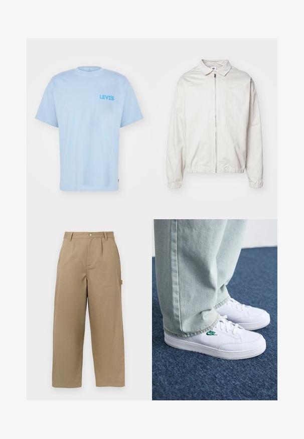 Casaco Nike branco e leve, com gola, fecho frontal, punhos elásticos e um pequeno logótipo no lado esquerdo do peito. Textura suave.; Levi's® VINTAGE FIT GRAPHIC - T-shirt estampada - sunset valley soft chambray; Calças largas bege em mistura de algodão, com uma cintura alta, pregas frontais e dois bolsos laterais com fecho de botão.; Tênis de couro brancos com logo verde da Nike, bico redondo, sola plana, combinados com calças de denim azul claro, exibidos sobre um tapete azul.