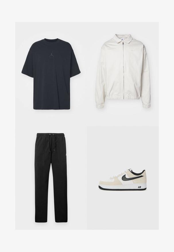 Balta, lengva Nike striukė su apykakle, priekiniais užtrauktuku, elastingomis rankogaliais ir maža logotipu kairiajame krūtinės kampe. Lygus paviršius.; Juodas medvilninis marškinėliai su laisvu kirpimu, apvaliu kaklu, trumpomis rankovėmis, su subtiliu logotipu ir tekstu "AIR" virš logotipo centre.; Juodos vilnonės kelnės su elastiniu juosmeniu ir raišteliais, dviem priekinėmis kišenėmis ir maža slogo ant šlaunies.; Batai sportui su šviesiai rudos suku ir baltos odos viršutinė dalimi, juodom Nike swoosh detalėm, juodais akcentais ir balta gumine padanga su "AIR" ženklu.