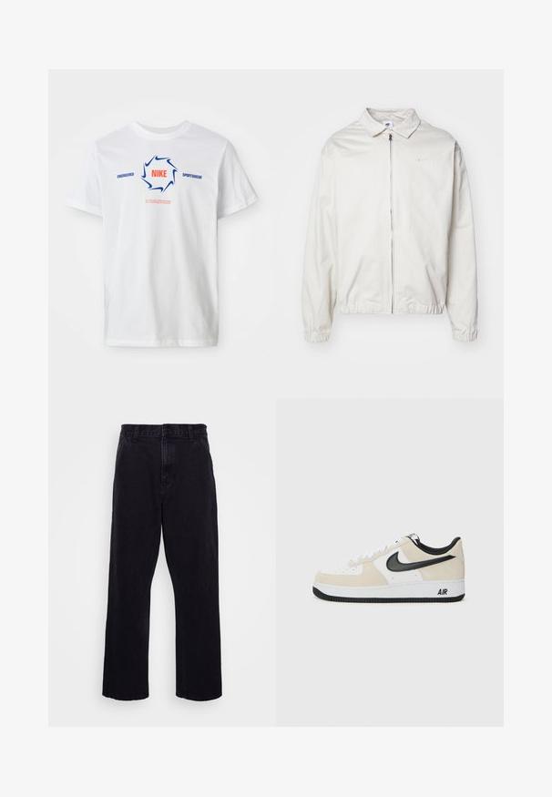 Balta, lengva Nike striukė su apykakle, priekiniais užtrauktuku, elastingomis rankogaliais ir maža logotipu kairiajame krūtinės kampe. Lygus paviršius.; Baltas trumpas rankovės Nike marškinėliai su mėlynu swoosh apskritimu ir raudonu „NIKE“ tekstu, taip pat mėlynas „ENGINEERED SPORTSWEAR“ ir mažas raudonas šūkis žemiau.; Juodi džinsiniai kelnių modeliai su tiesia kojų forma, turintys sagą ir užtrauktuką, diržo kilpos ir minimalūs siuvimo detalės.; Batai sportui su šviesiai rudos suku ir baltos odos viršutinė dalimi, juodom Nike swoosh detalėm, juodais akcentais ir balta gumine padanga su "AIR" ženklu.