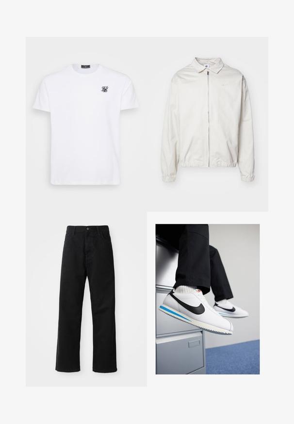 Hvit, lett Nike-jakke med kragehals, glidelås foran, elastiske mansjetter og en liten logo på venstre bryst. Glatt tekstur.; Hvit bomull t-skjorte med rund hals. Har en liten svart brodert logo på brystet. Korte ermer og rett passform.; Svart denimbukser med rett snitt, med frontlommer, glidelåsgylf og en enkelt knapp i toppen. Teksturert stoff med matt overflate.; Hvite lær sneakers med en svart Nike swoosh, lys blå og grå gummisåle, og klassisk snøring. Føttene hviler på et arkivskap.