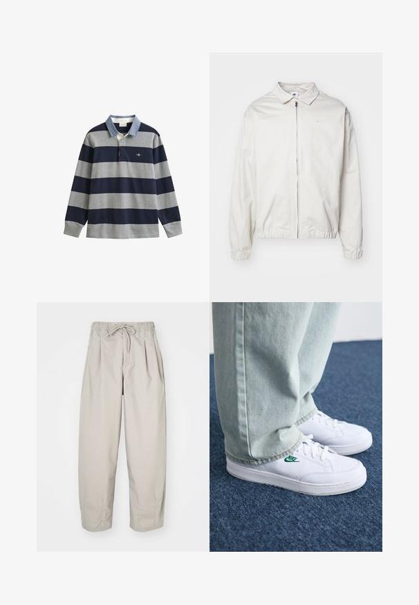 Bela, lahka Nike jakna z ovratnikom, sprednjim zadrgo, elastičnimi manšetami in majhnim logotipom na levem prsnem delu. Gladka tekstura.; Polo majica z dolgimi rokavi z mornarsko modrimi in sivimi črtami, svetlo modrim ovratnikom ter logotipom na prsih. Bombažno blago z mehko teksturo.; Bež hlače iz lahkega materiala z elastičnim pasom in vrvico. Imajo gube in ohlapen kroj, izdelane so iz mehkega, gladkega blaga.; Bela usnjena športna obutev z zelenim Nike logotipom, okrogla konica, ravna podplat, v kombinaciji z svetlo modrimi kavbojkami, prikazana na modrem preprogu.