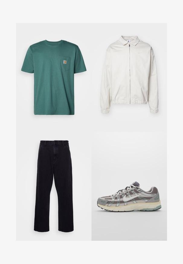 Balta, lengva Nike striukė su apykakle, priekiniais užtrauktuku, elastingomis rankogaliais ir maža logotipu kairiajame krūtinės kampe. Lygus paviršius.; Turkio spalvos medvilnės marškinėliai su trumpomis rankovėmis, apvalia iškirpte ir kairėje krūtinės pusėje esančiu kišeniu su kvadratiniu logotipo ženkleliu.; Juodi džinsiniai kelnių modeliai su tiesia kojų forma, turintys sagą ir užtrauktuką, diržo kilpos ir minimalūs siuvimo detalės.; Pilkas sportinis batas su tinklu ir zomšos viršutine dalimi, baltomis detalėmis, paminkštintu padu ir išskirtiniu dizainu su atspindinčiais elementais.