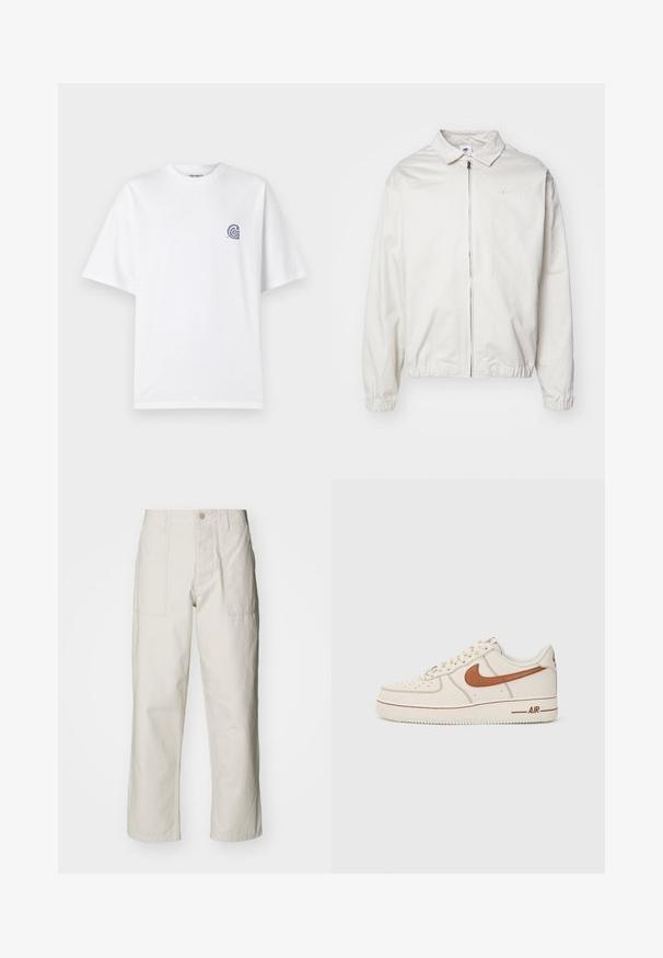 Hvit, lett Nike-jakke med kragehals, glidelås foran, elastiske mansjetter og en liten logo på venstre bryst. Glatt tekstur.; Hvit bomull T-skjorte med rund hals og korte ermer. Har en liten blå logo på venstre bryst. Glatt tekstur.; Lyse beige vide bukser laget av bomull. Har frontlommer og knappelukking. Jevn tekstur med subtile vertikale linjer.; Nike Air Force 1-sneaker med en kremfarget skinnoverdel, brun logo og sømdetaljer. Har en rund tå og teksturert gummisåle.