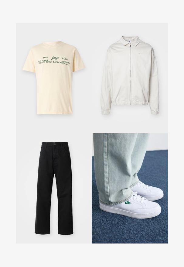 Valge, kerge Nike jakk, milles on krae, ees lukk, elastsed mansetid ja väike logo vasakul rinnal. Sile tekstuur.; Kreemi värvi puuvilla T-särk lühikeste varrukatega, millel on roheline tekst, mis ütleb "KidSuper", "Super Fluff n' Fold" ja pesuandmed.; Mustadest denimist püksid sirge lõikega, mis sisaldavad ees taskuid, lukufliisi ja ühte ülemist nööpi. Tekstureeritud kangas mati viimistlusega.; Valged nahast tennisetossud rohelise Nike logo ja ümarate varvastega, lamedate taldadega, koos helesiniste teksapükstega, esitatud sinisel vaibal.