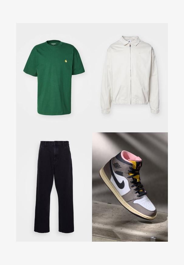 Biela, ľahká bunda Nike s golierom, predným zipsom, elastickými manžetami a malým logom na ľavej strane hrudníka. Hladká textúra.; Carhartt WIP CHASE - Základné tričko - sycamore tree/gold; Čierne džínsy s rovného strihu, ktoré majú zapínanie na gombík a zips, pútka na opasok a minimálne švy.; Biele, šedé a čierne vysoké tenisky Nike Air Jordan s ružovým interiérom a žltým jazykom, umiestnené na betónovom povrchu.