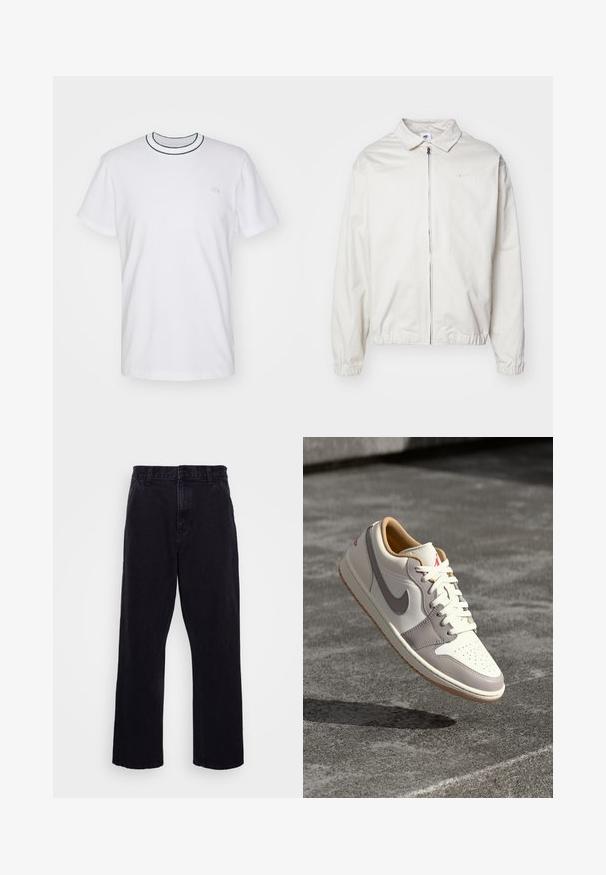 Balta, lengva Nike striukė su apykakle, priekiniais užtrauktuku, elastingomis rankogaliais ir maža logotipu kairiajame krūtinės kampe. Lygus paviršius.; Lacoste Paprasti marškinėliai - white; Juodi džinsiniai kelnių modeliai su tiesia kojų forma, turintys sagą ir užtrauktuką, diržo kilpos ir minimalūs siuvimo detalės.; Žemi sportbačiai off-white odos su pilkomis detalėmis. Turi perforuotą pirštų dėklą, baltus raištelius ir gumos gumą. Raudonas logotipas ant kulno.