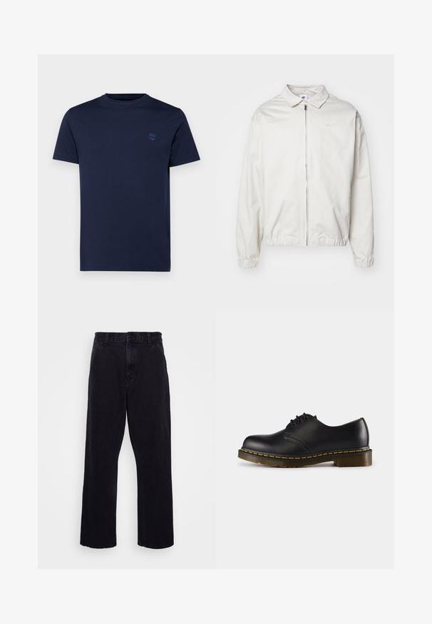 White, lightweight Nike jacket with a collared neckline, front zipper, elastic cuffs, and a small logo on the left chest. Smooth texture.; Navy blue cotton t-shirt with a crew neck, short sleeves, and a small embroidered logo on the chest. Smooth texture, regular fit.; Black denim trousers with a straight leg design, featuring a button and zip closure, belt loops, and minimal stitching details.; Black leather shoe with rounded toe, lace-up design, yellow stitching along the sole, and a chunky, textured rubber outsole.