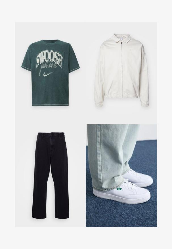 Casaco Nike branco e leve, com gola, fecho frontal, punhos elásticos e um pequeno logótipo no lado esquerdo do peito. Textura suave.; T-shirt oversized em verde-azulado escuro, feito de algodão suave. Apresenta uma grande impressão gráfica com "SWOOSH" e "faça-o" em branco. Design clássico com decote redondo.; Calças de denim pretas com um design de perna reta, apresentando um fecho de botão e zíper, passantes para cinto e detalhes de costura mínimos.; Tênis de couro brancos com logo verde da Nike, bico redondo, sola plana, combinados com calças de denim azul claro, exibidos sobre um tapete azul.