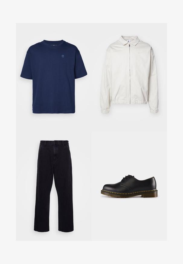 White, lightweight Nike jacket with a collared neckline, front zipper, elastic cuffs, and a small logo on the left chest. Smooth texture.; Navy blue cotton t-shirt with a crew neckline, short sleeves, and a small, tonal logo on the chest. Casual fit, smooth texture.; Black denim trousers with a straight leg design, featuring a button and zip closure, belt loops, and minimal stitching details.; Black leather shoe with rounded toe, lace-up design, yellow stitching along the sole, and a chunky, textured rubber outsole.