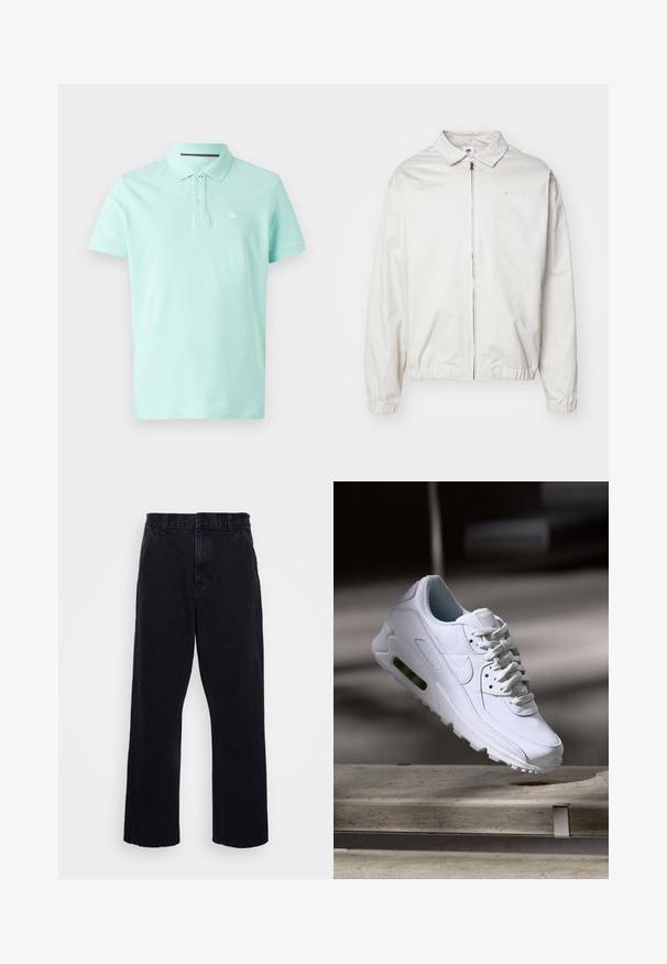 Bela, lahka Nike jakna z ovratnikom, sprednjim zadrgo, elastičnimi manšetami in majhnim logotipom na levem prsnem delu. Gladka tekstura.; Svetlo mint zelena polo majica iz mehkega bombaža, z klasikim ovratnikom, dvema gumboma in majhnim logotipom na levem prsnem delu.; Črne denim hlače s ravnim krojem, z gumbom in zadrgo, pasom za obleko ter minimalnimi šivi.; Bela usnjena teniska obutev s teksturiranimi površinami, podloženim ovratnikom in vidnim zračnim blaženjem v podplatu. Vsebuje vezalke in minimalističen dizajn.