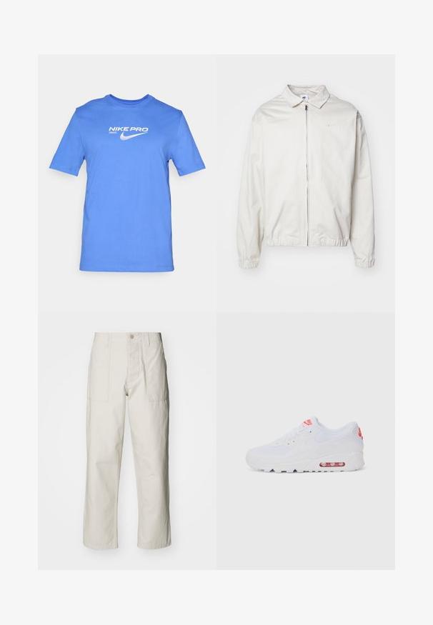 Hvit, lett Nike-jakke med kragehals, glidelås foran, elastiske mansjetter og en liten logo på venstre bryst. Glatt tekstur.; Blå bomull T-skjorte med korte ermer og rund hals, med hvit "NIKE PRO" tekst og logo trykket på brystet.; Lyse beige vide bukser laget av bomull. Har frontlommer og knappelukking. Jevn tekstur med subtile vertikale linjer.; Hvite atletiske joggesko med glatt overdel, snøring, polstret såle og synlig luftenhet med røde detaljer på merket.