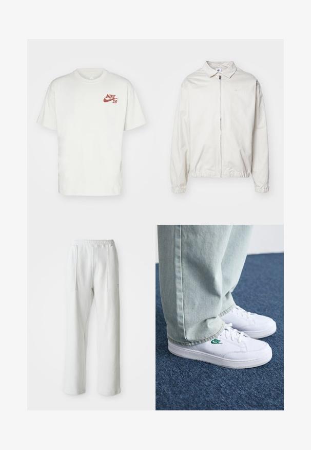 Casaco Nike branco e leve, com gola, fecho frontal, punhos elásticos e um pequeno logótipo no lado esquerdo do peito. Textura suave.; Camiseta branca de algodão com decote redondo, mangas curtas e o logótipo vermelho da Nike SB no lado esquerdo do peito. Design simples e sem adornos.; Calças brancas casuais com um cós elástico e grandes bolsos frontais, exibidas sobre um fundo claro e liso.; Tênis de couro brancos com logo verde da Nike, bico redondo, sola plana, combinados com calças de denim azul claro, exibidos sobre um tapete azul.
