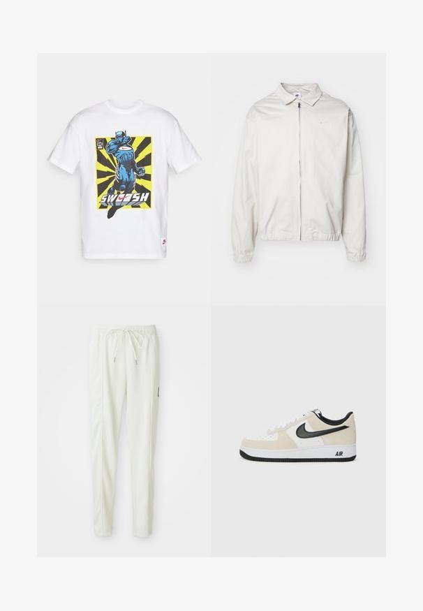Balta, lengva Nike striukė su apykakle, priekiniais užtrauktuku, elastingomis rankogaliais ir maža logotipu kairiajame krūtinės kampe. Lygus paviršius.; Balta medvilninė marškinėlių su mėlyna komiksų stiliaus grafika, vaizduojančia veikėją veiksme, geltonais ir juodais spinduliais bei užrašu "SWOOSH".; Baltos lieknos jogger kelnes su elastinga juosta ir raišteliu, turinčios šonines siūles ir mažą juodą emblemą dešinėje kojoje.; Batai sportui su šviesiai rudos suku ir baltos odos viršutinė dalimi, juodom Nike swoosh detalėm, juodais akcentais ir balta gumine padanga su "AIR" ženklu.