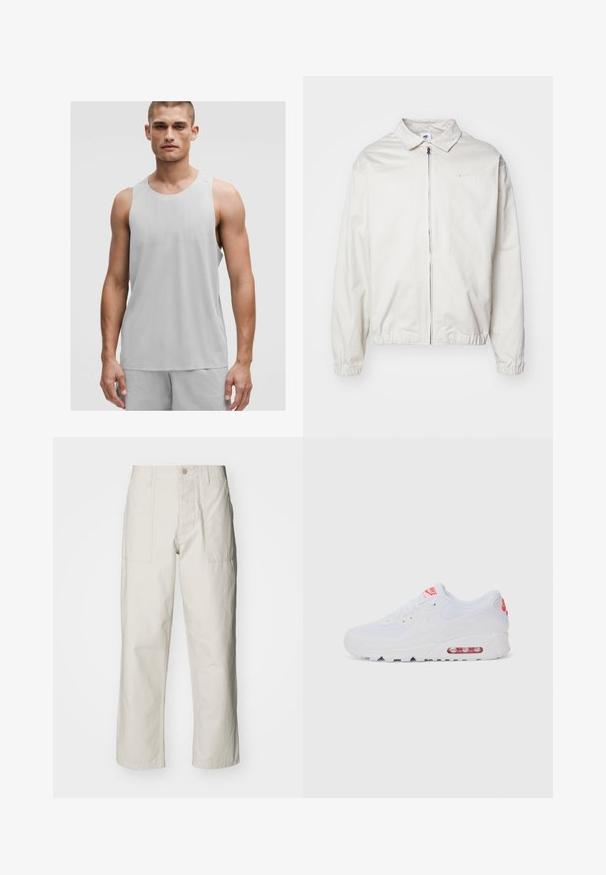 Jachetă Nike albă, ușoară, cu guler, fermoar frontal, manșete elastice și un logo mic pe pieptul stâng. Textură netedă.; Top sportiv gri deschis, fără mâneci, cu decolteu rotund, realizat dintr-un material respirabil cu detalii texturate subtile.; Pantaloni wide-leg de culoare bej deschis, confecționați din bumbac. Dispun de buzunare frontale și închidere cu nasture. Textură netedă cu linii verticale subtile.; Adidașii albaștri de sport au o parte superioară netedă, sistem de închidere cu șireturi, talpă cu amortizare și o unitate de aer vizibilă cu accente roșii pe branding.