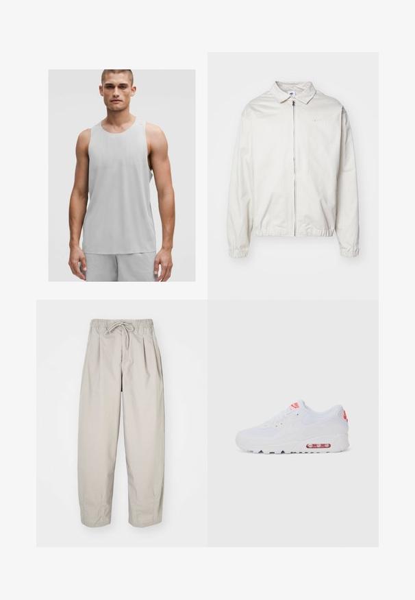 Jachetă Nike albă, ușoară, cu guler, fermoar frontal, manșete elastice și un logo mic pe pieptul stâng. Textură netedă.; Top sportiv gri deschis, fără mâneci, cu decolteu rotund, realizat dintr-un material respirabil cu detalii texturate subtile.; Pantaloni bej, ușori, cu talie elastică și șnur. Prezintă pliseuri și o croială lejeră, realizată dintr-un material moale și neted.; Adidașii albaștri de sport au o parte superioară netedă, sistem de închidere cu șireturi, talpă cu amortizare și o unitate de aer vizibilă cu accente roșii pe branding.