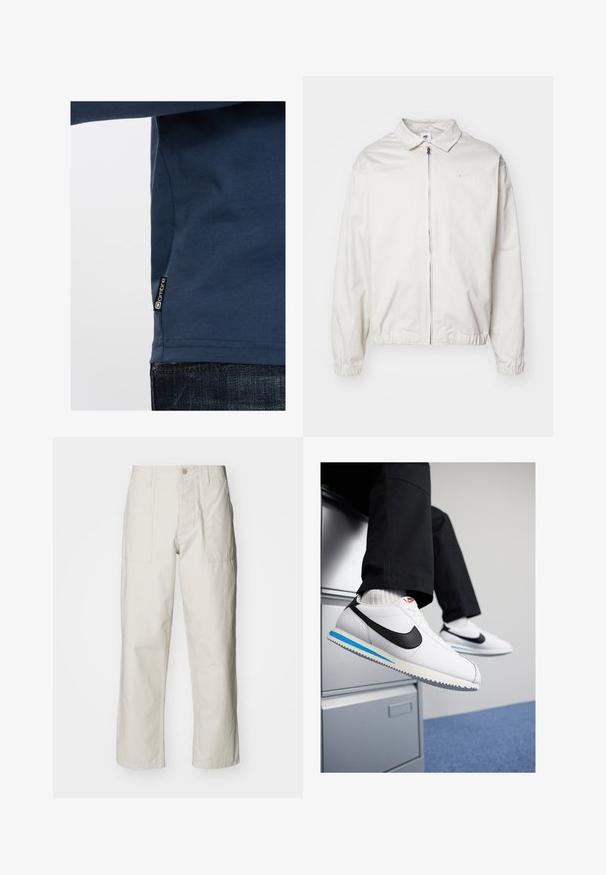 Weiße, leichte Nike-Jacke mit kragenförmigem Ausschnitt, Reißverschluss vorne, elastischen Bündchen und einem kleinen Logo auf der linken Brust. Glatte Textur.; Marineblaue Langarmbluse aus weichem Stoff, mit einem Logotag an der Seite und einem figurbetonten Design mit glatter Textur.; Helle beige weit geschnittene Hose aus Baumwolle. Verfügt über Fronttaschen und einen Knopfverschluss. Glatte Textur mit dezenten vertikalen Streifen.; Weisse Ledersneaker mit schwarzem Nike-Swoosh, hellblauem und grauem Gummisohle sowie klassischem Schnürdesign. Füße ruhen auf einem Aktenschrank.