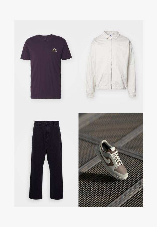 Jachetă Nike albă, ușoară, cu guler, fermoar frontal, manșete elastice și un logo mic pe pieptul stâng. Textură netedă.; Tricou din bumbac purpuriu, cu guler rotund, mâneci scurte și un logo auriu cu aripi în partea stângă sus. Textură moale, design casual.; Pantaloni din denim negri cu un design drept, dotati cu inchidere cu nasture si fermoar, bucle pentru centura si detalii minime de cusatura.; Tenis Nike cu un superior din piele bej și maro, șireturi albe, vârful perforat și talpă din cauciuc cu textură pentru aderentă.