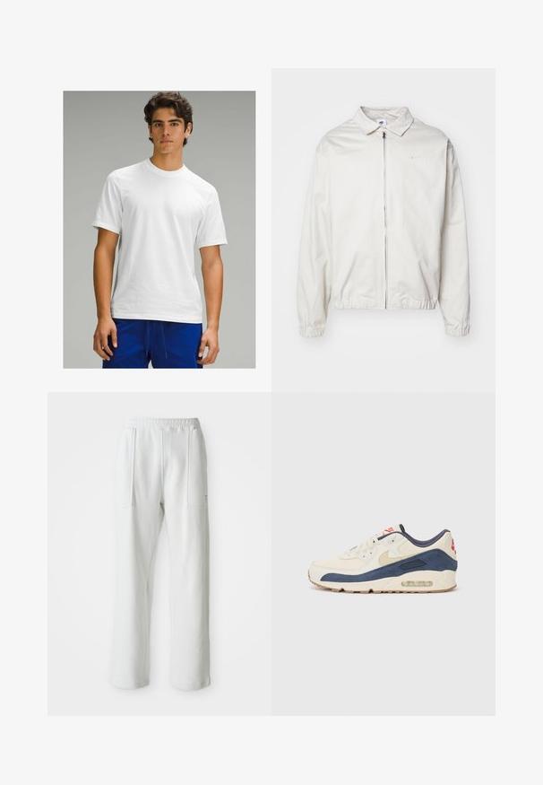 Fehér, könnyű Nike dzseki, galléros nyakkal, elöl cipzárral, elasztikus mandzsettákkal és kis logóval a bal melle részén. Simaszerű textúra.; Fehér, rövid ujjú póló, kerek nyakkivágással, sima textúrával, látható minták vagy logók nélkül, kék sportnadrággal viselve.; Fehér, laza nadrág, elasztikus derékpánttal és nagy elülső zsebekkel, egy egyszerű, világos háttéren kiemelve.; Tejszínbőr és tengerészkék velúr felsőrésszel rendelkező sporty cipők, látható légsóléval, bézs gumitalppal és piros részlettel a saroknál.