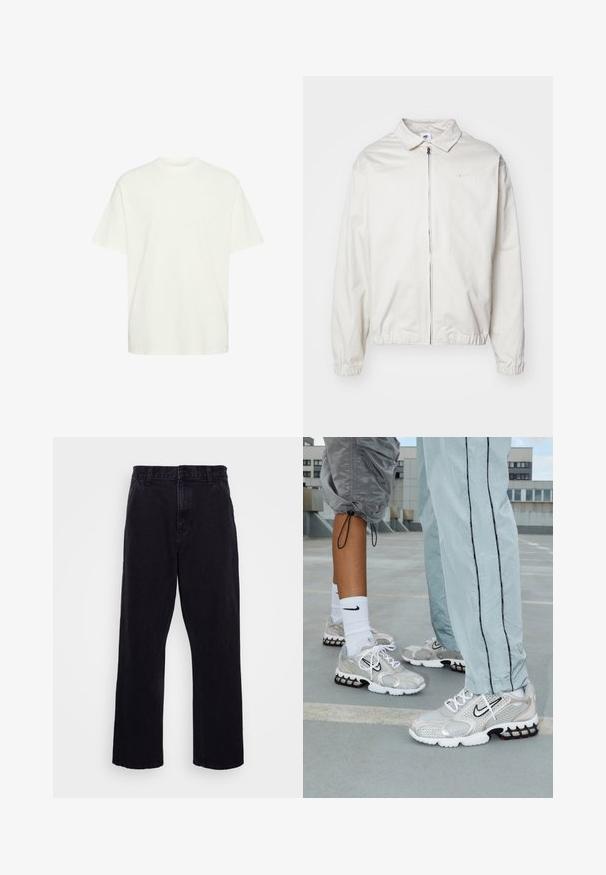 Bela, lahka Nike jakna z ovratnikom, sprednjim zadrgo, elastičnimi manšetami in majhnim logotipom na levem prsnem delu. Gladka tekstura.; Bela bombažna majica s prostim krojem, okroglim izrezom, kratkimi rokavi in ravnim robom, ki se ponaša z gladko teksturo in brez vidnih vzorcev.; Črne denim hlače s ravnim krojem, z gumbom in zadrgo, pasom za obleko ter minimalnimi šivi.; Nike športni copati iz srebrnega mrežnega materiala, ki imajo bele vezalke, črn Swoosh logotip ter črno-rdečo podplat z zračnim oblazinjenjem.