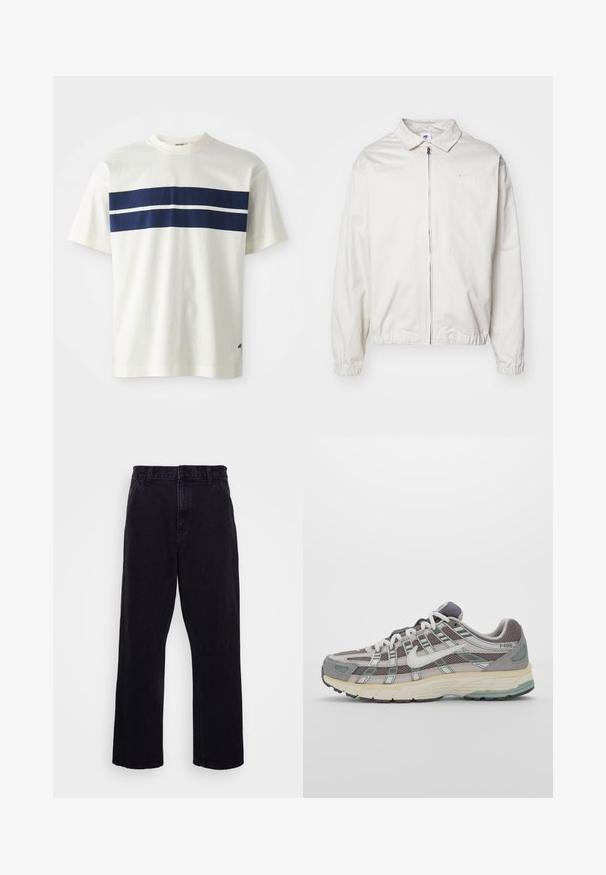 Balta, lengva Nike striukė su apykakle, priekiniais užtrauktuku, elastingomis rankogaliais ir maža logotipu kairiajame krūtinės kampe. Lygus paviršius.; Baltas medvilninis marškinėliai su horizontalia tamsiai mėlyna juostele ir siauresne balta juostele apačioje, trumpomis rankovėmis ir apykakle.; Juodi džinsiniai kelnių modeliai su tiesia kojų forma, turintys sagą ir užtrauktuką, diržo kilpos ir minimalūs siuvimo detalės.; Pilkas sportinis batas su tinklu ir zomšos viršutine dalimi, baltomis detalėmis, paminkštintu padu ir išskirtiniu dizainu su atspindinčiais elementais.
