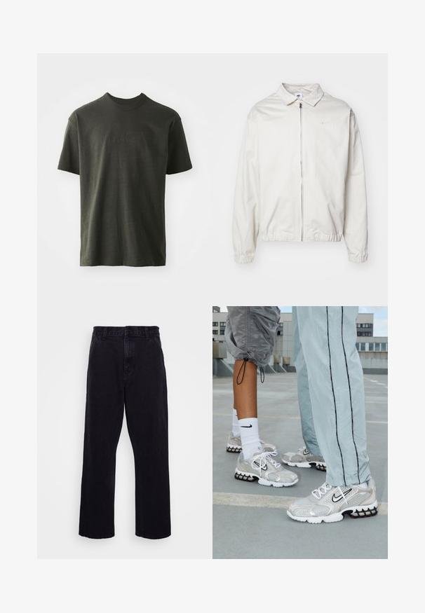 Hvit, lett Nike-jakke med kragehals, glidelås foran, elastiske mansjetter og en liten logo på venstre bryst. Glatt tekstur.; Mørkegrønn t-skjorte laget av mykt stoff, med rund hals og korte ermer. Brodert "nike"-logo i en litt mørkere grønnfarge.; Sorte denimbukser med rett ben-design, med knapp- og glidelås-lukking, beltehemper og minimale sømdetaljer.; Nike treningesko laget av sølvfarget mesh-materiale, med hvite lisser, en svart swoosh-logo og såle med luftdemping i svart og rødt.