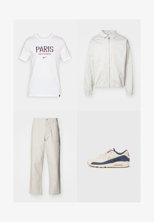 Balta, lengva Nike striukė su apykakle, priekiniais užtrauktuku, elastingomis rankogaliais ir maža logotipu kairiajame krūtinės kampe. Lygus paviršius.; Balta trumpa rankovėmis marškinėliai su užrašu "PARIS" mėlynomis ir raudonomis geometrinėmis raidėmis ir "SAINT-GERMAIN" mažesniu tekstu po juo. Įtrauktas Nike logotipas.; Šviesiai pilki plačius kelnes, pagamintas iš medvilnės. Yra priekinės kišenės ir mygtuko uždarymas. Lygus paviršius su subtiliomis vertikaliomis linijomis.; Bėgimo bateliai su kreminės odos ir tamsiai mėlyno zomšo viršutine dalimi, turintys matomą oro padą, smėlio spalvos guminiu padu ir raudonu akcentu ant kulno.